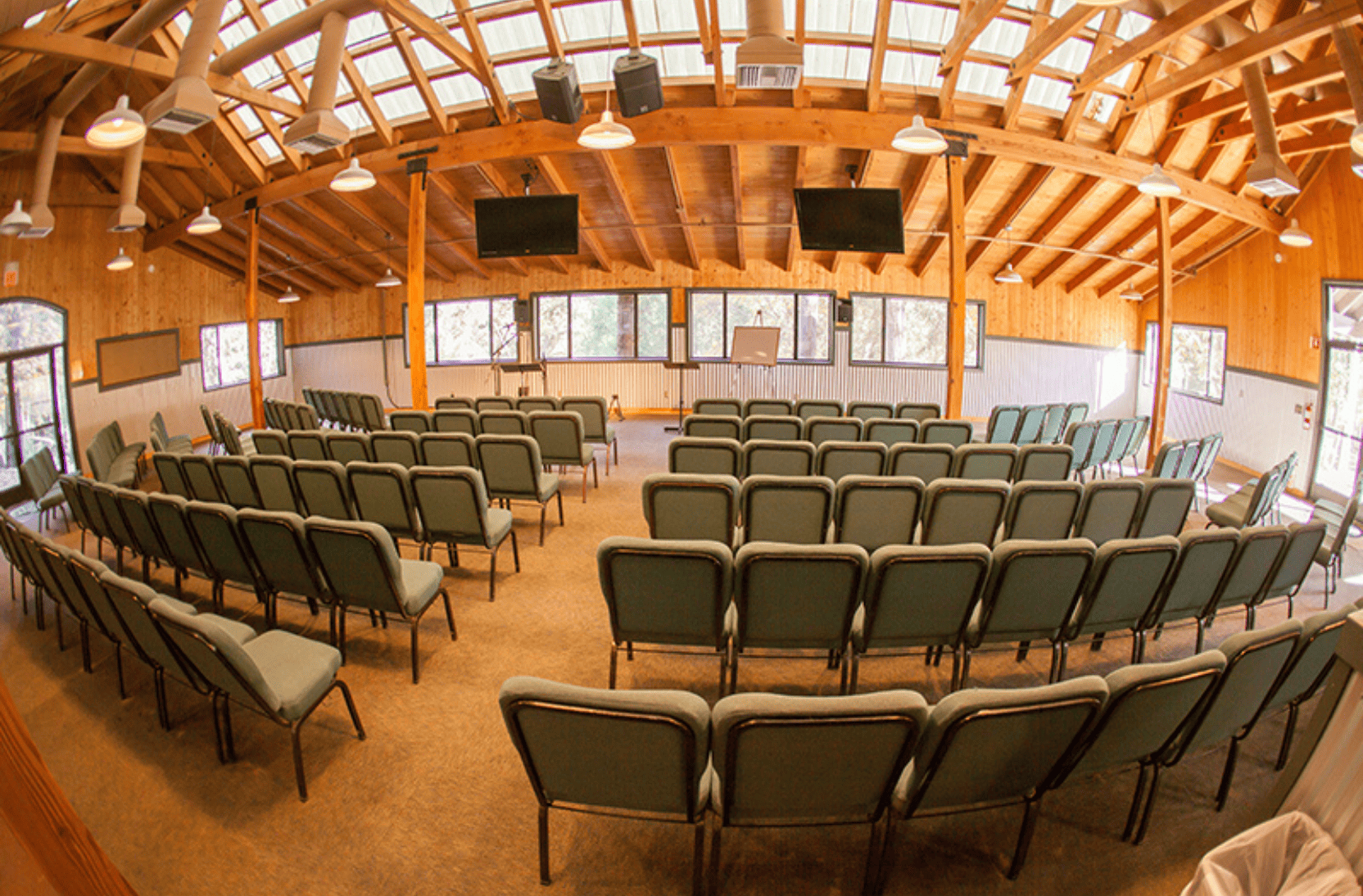 Indoor view of meeting space with chairs set up